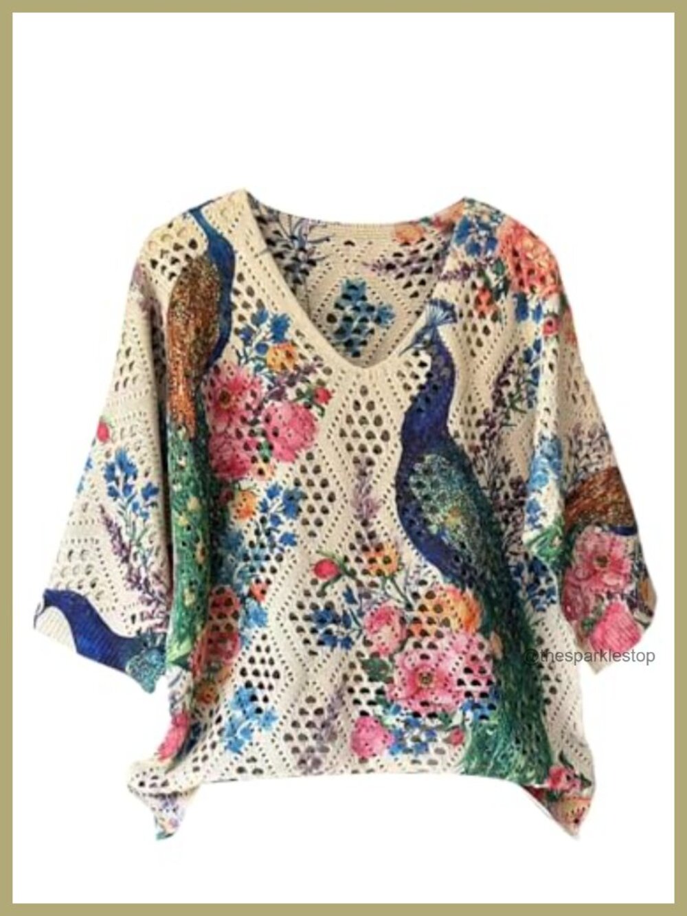 Womens Crochet Sweater 3/4 Sleeve V-Neck Oversized Boho Beach Pullover - Picture 1 of 4